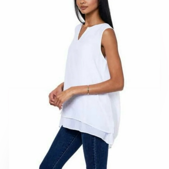 Cristina B Bright White Double Layer Sleeveless Tunic Blouse, Hi-Low Hem, Medium - Picture 2 of 9